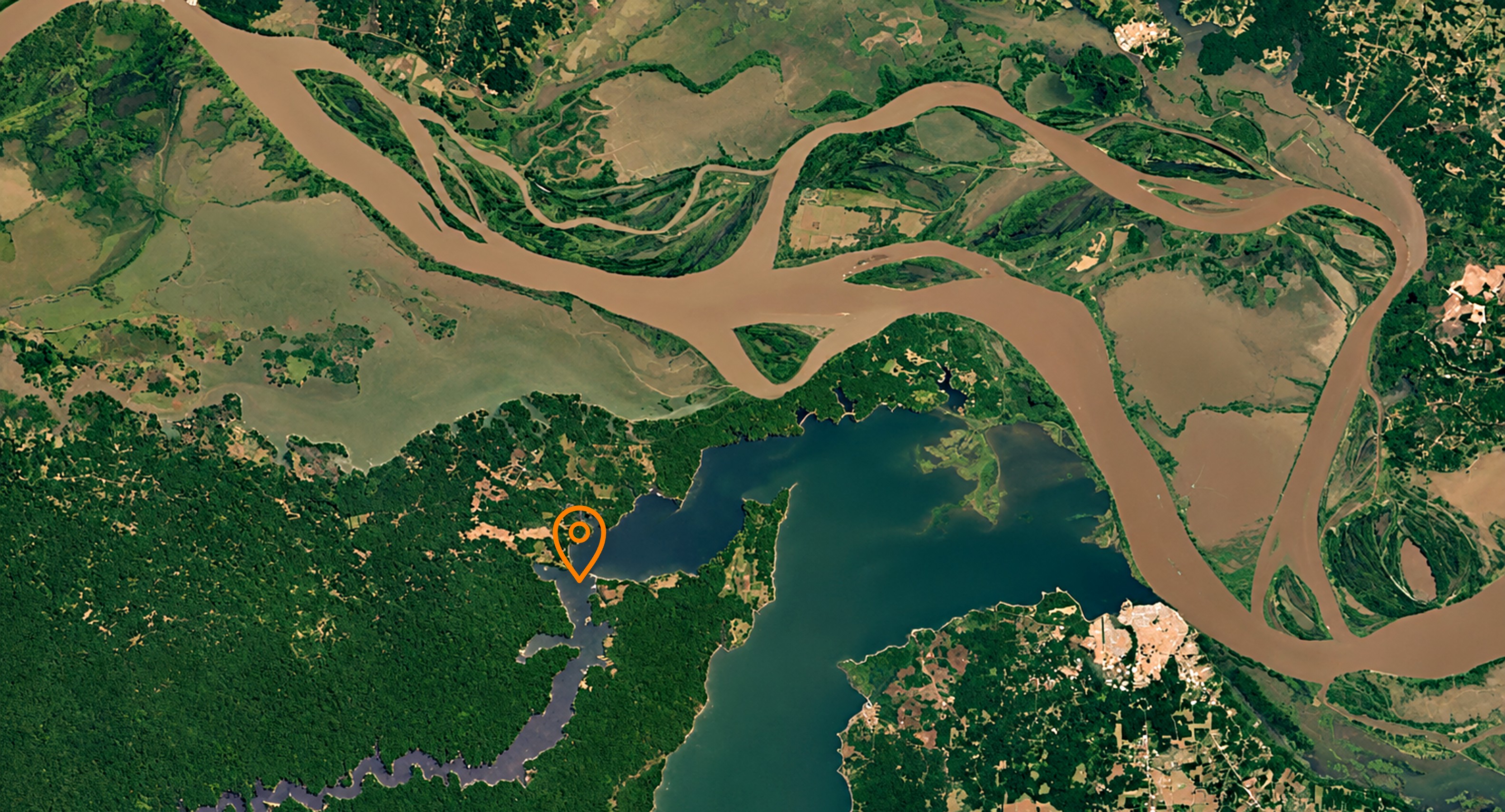 Imagem de satélite do rio Amazonas e do Tapajós, com o marcador re-ground Amazônia